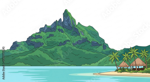 Tropical island with hut and palm trees on sandy beach near turquoise sea and large green mountain