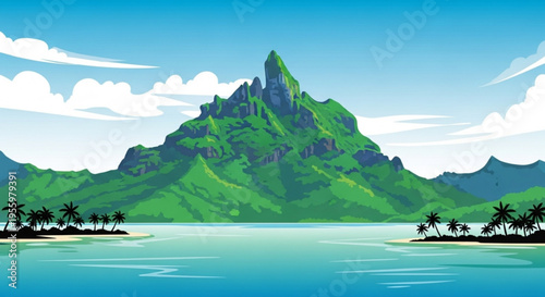 Tropical island landscape with mountain palm trees and calm ocean waters under blue sky