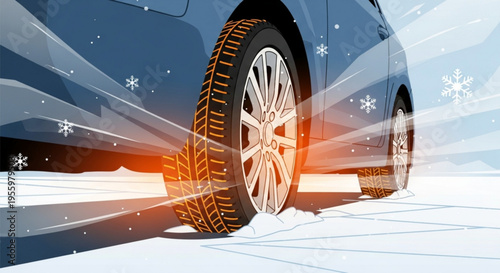 Winter driving safety concept with car tire traction on snowy road with glowing orange traction lines