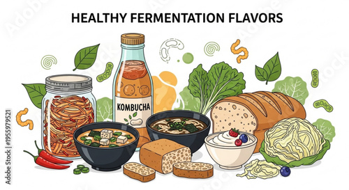 Healthy fermentation flavors with food and drink ingredients on a white background
