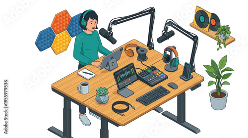 Isometric flat vector: Woman podcasting in modern home studio with professional audio equipment, standing desk.