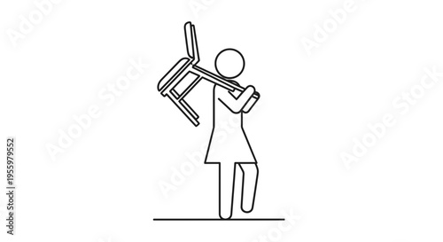 Stick figure woman carrying chair over shoulder, walking, moving house, relocation concept