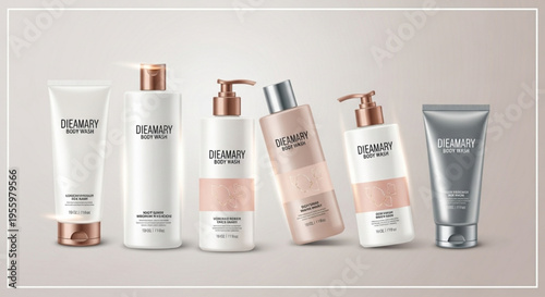 Variety of luxury skincare products with rose gold accents on a neutral background