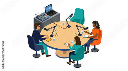 Isometric illustration of a diverse group recording a podcast interview in a studio with microphones, mixer, and laptop.