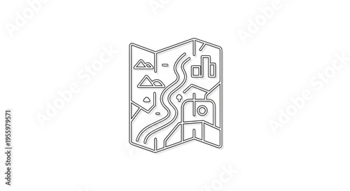 Stylized Map Icon with Mountains, River, and Buildings - Travel and Navigation Concept