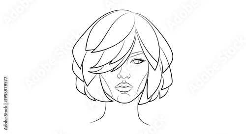 Stylized Female Face Sketch, Bob Hairstyle, Fashion Illustration, Line Art Portrait