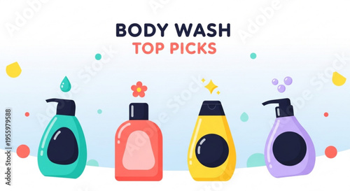 Colorful body wash bottles with pump dispensers and decorative elements on a light blue background