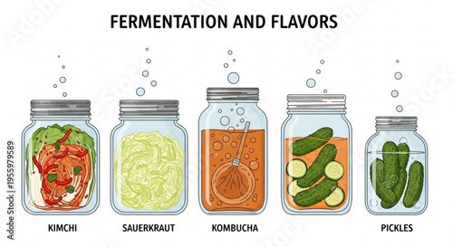 Fermentation foods in glass jars kimchi sauerkraut kombucha pickles healthy eating foodie fermentation and flavors