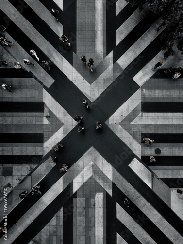 Black and white photo of a drone shot of a geometric crosswalk with pedestrians