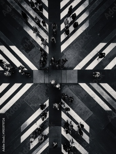 Black and white photo of a drone shot of a geometric crosswalk with pedestrians