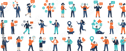Business communication people characters set with teamwork social interaction chat icons and corporate workflow flat vector illustration