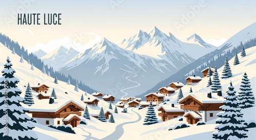 Snowy mountain village haute luce with wooden chalets and pine trees on a hill