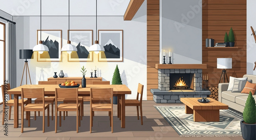Cozy living room with dining area and fireplace modern interior design with warm lighting and wooden accents in a rustic home