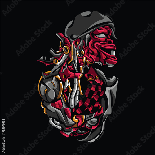 Cyberpunk Oni Mask Illustration - Futuristic Mecha Samurai Robot with Red Demon Face