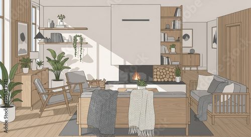 Cozy living room interior with fireplace sofa and wooden furniture warm lighting modern decor