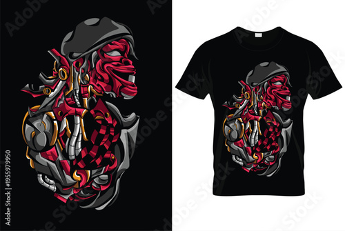 Cybernetic Samurai Demon Mask Vector Illustration for Mecha Streetwe