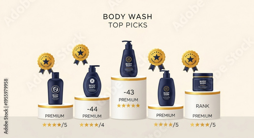 Top rated body wash products with premium labels and gold ratings on beige background