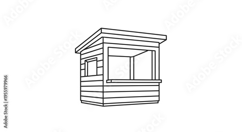 Simple Wooden Booth or Kiosk, Line Art Drawing, Outdoor Stand Icon