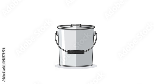 Simple White Metal Bucket with Lid and Handle, Isolated on White Background