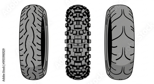 Three motorcycle tires with different tread patterns on white background