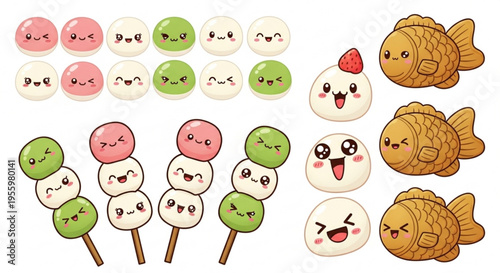 Colorful cartoon mochi and fish illustrations on white background