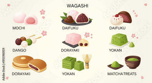Wagashi japanese sweets assortment with mochi daifuku dango dorayaki yokan and matcha treats on a cream background with cherry blossoms