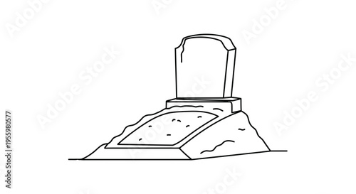 Simple Line Drawing of a Gravestone on a Mound