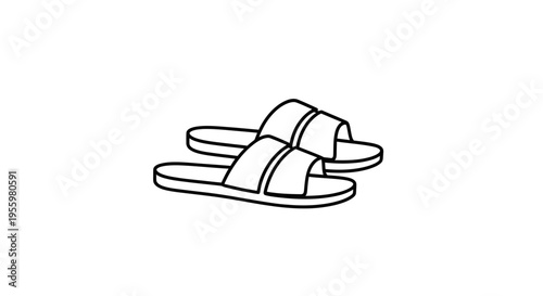 Simple Line Drawing of a Pair of White Slide Sandals on a White Background