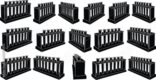 Laboratory test tube rack silhouette set with medical glass tubes for scientific research chemistry experiments pharmacy and healthcare clinical analysis,