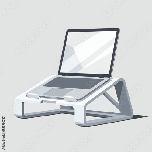 Minimalist laptop stand elevating an open, silver laptop against a gray background