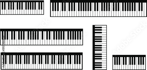 Piano keyboard vector set featuring black and white musical instrument keys in various lengths and vertical layouts on white background.