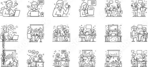 Business meeting and office communication icons set with teamwork discussion planning presentation line vector illustration