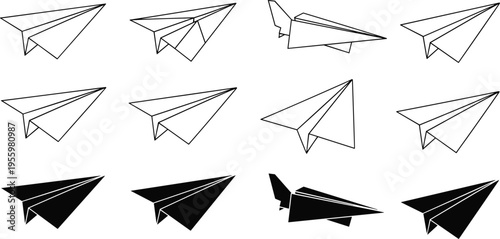 Paper plane vector set featuring black silhouettes and thin line art icons for startup launch, message delivery, and creative flight.