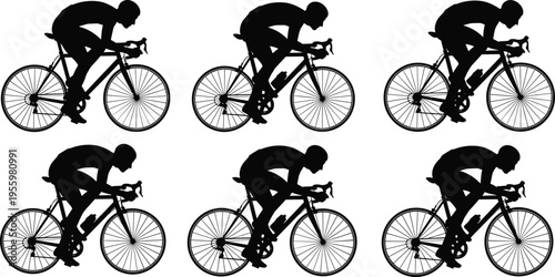 Cyclist silhouette illustration set featuring racing bicycles, aerodynamic posture, sports design, cycling artwork, fitness theme, competitive bike riding collection.