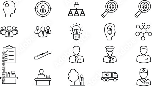 Business people line icons set leadership teamwork organization service outline collection