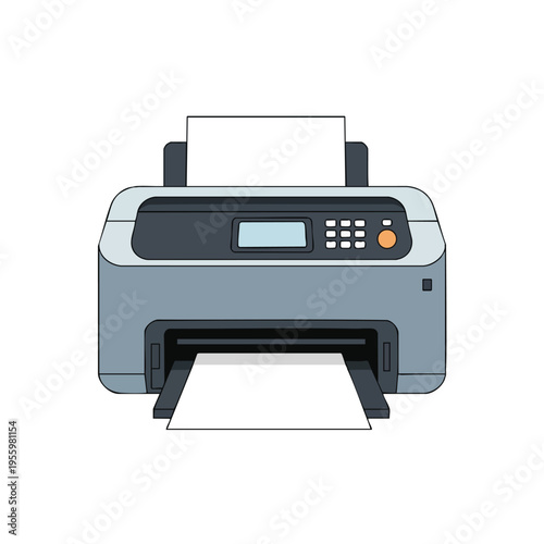 A blue and gray office printer with paper loaded in the input and output trays