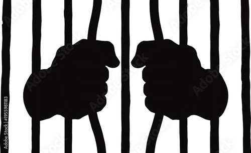 Prison bars hands silhouette, confinement illustration, incarceration symbol design, justice punishment artwork, criminal law graphic, restriction and imprisonment icon