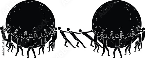 Team of Stick Figures Pushing Two Large Heavy Spheres Illustrating Teamwork Collaboration Group Effort and Overcoming Challenges in Business Strategy