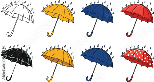 Umbrella vector icon set, colorful rain protection symbols, red blue yellow black silhouettes, autumn weather elements, rainy day graphic design, flat accessory illustration.