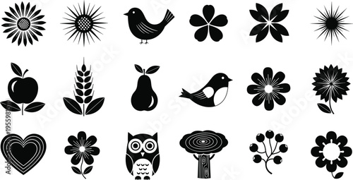 Nature silhouette icon illustration set featuring flowers, birds, fruits, trees, owl, heart, wheat, berries, creative decorative artwork design.
