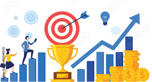 Business success target trophy growth chart achievement concept financial progress vector illustration design