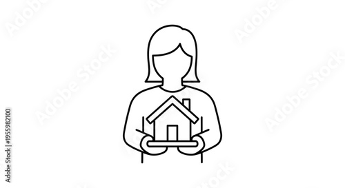 Person holding a house icon, representing home ownership, real estate, or housing services.