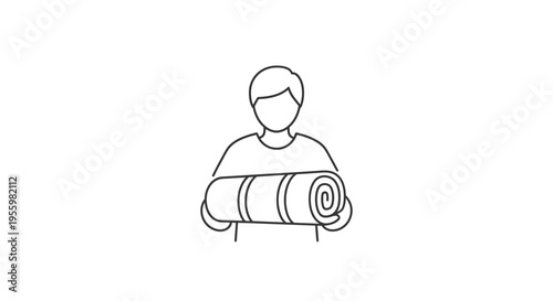 Person holding a rolled up yoga mat, simple line art icon, healthy lifestyle concept