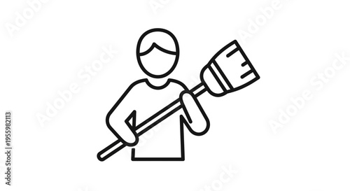 Person Holding Broom Icon, Cleaning Service Symbol, Housekeeping Vector Illustration