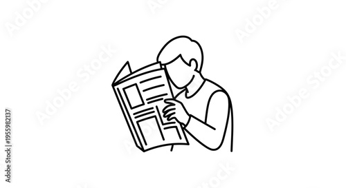Person reading a newspaper, simple line art illustration, black and white