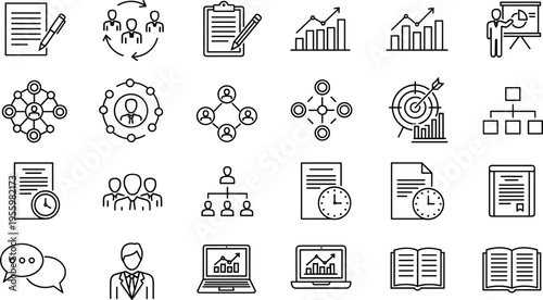 Business teamwork line icons set organization analytics communication outline collection
