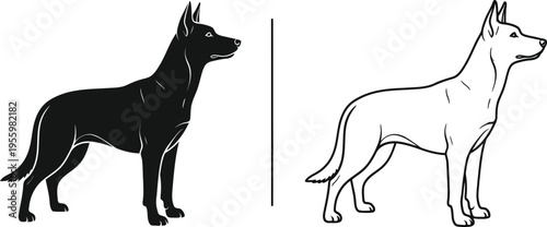 Black and white dog illustration contrasting styles Vector