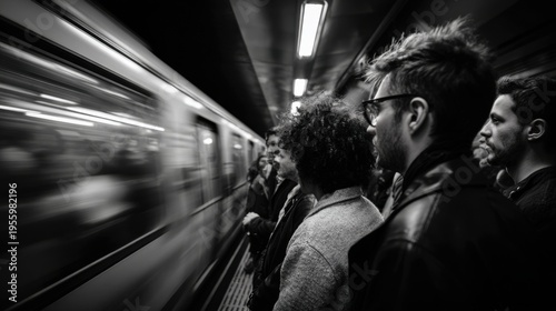 Black and white photo of a dynamic shot inside a subway station