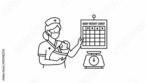 Nurse Weighing Baby with Weight Chart and Scale, Healthcare Concept