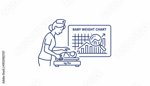 Nurse weighing baby on scale next to baby weight chart with magnifying glass